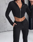 Zipper Design Crop Hoodie & Drawstring V-cut Waistline Cargo Joggers Sweatpants Set black