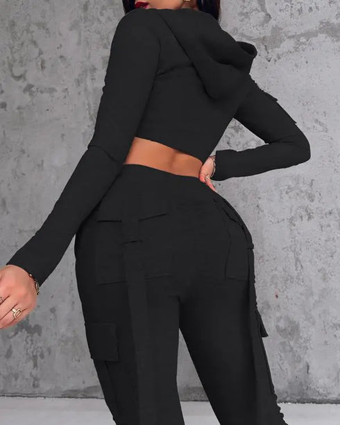 Zipper Design Crop Hoodie & Drawstring V-cut Waistline Cargo Joggers Sweatpants Set black