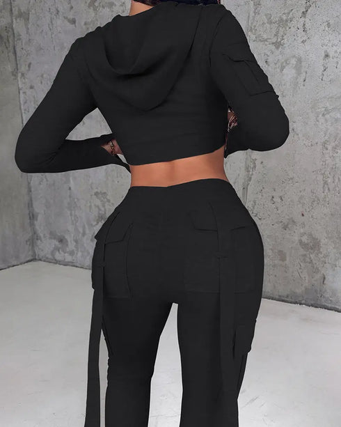 Zipper Design Crop Hoodie & Drawstring V-cut Waistline Cargo Joggers Sweatpants Set black