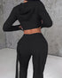 Zipper Design Crop Hoodie & Drawstring V-cut Waistline Cargo Joggers Sweatpants Set black