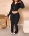 Zipper Design Crop Hoodie & Drawstring V-cut Waistline Cargo Joggers Sweatpants Set black