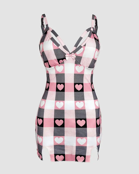 Bowknot Decor Heart & Plaid Print V Neck Adjustable Spaghetti Straps Nightgown Sexy Slim Fit Asymmetrical Hem Night Dress with Matching Panties pink