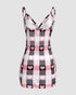 Bowknot Decor Heart & Plaid Print V Neck Adjustable Spaghetti Straps Nightgown Sexy Slim Fit Asymmetrical Hem Night Dress with Matching Panties pink