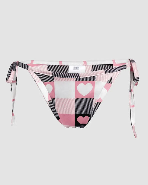 Bowknot Decor Heart & Plaid Print V Neck Adjustable Spaghetti Straps Nightgown Sexy Slim Fit Asymmetrical Hem Night Dress with Matching Panties pink