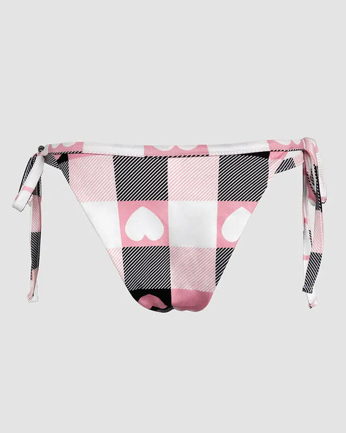 Bowknot Decor Heart & Plaid Print V Neck Adjustable Spaghetti Straps Nightgown Sexy Slim Fit Asymmetrical Hem Night Dress with Matching Panties pink