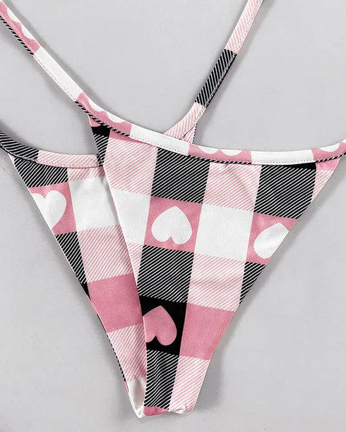 Bowknot Decor Heart & Plaid Print V Neck Adjustable Spaghetti Straps Nightgown Sexy Slim Fit Asymmetrical Hem Night Dress with Matching Panties pink