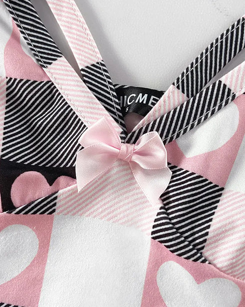 Bowknot Decor Heart & Plaid Print V Neck Adjustable Spaghetti Straps Nightgown Sexy Slim Fit Asymmetrical Hem Night Dress with Matching Panties pink