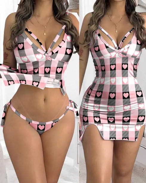 2 Pieces Outfit Spaghetti Strap Bowknot Decor Tank Top and Casual Floral Print Skinny Shorts Set pink