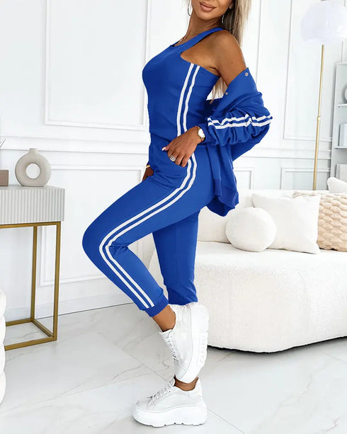 3 Pieces Outfit Snap Buttons Front Coat and Elastic Waist Seam Front Stretchy Cuffs Pants Set with Tank Top Casual Contrast Side Striped Tracksuit blue