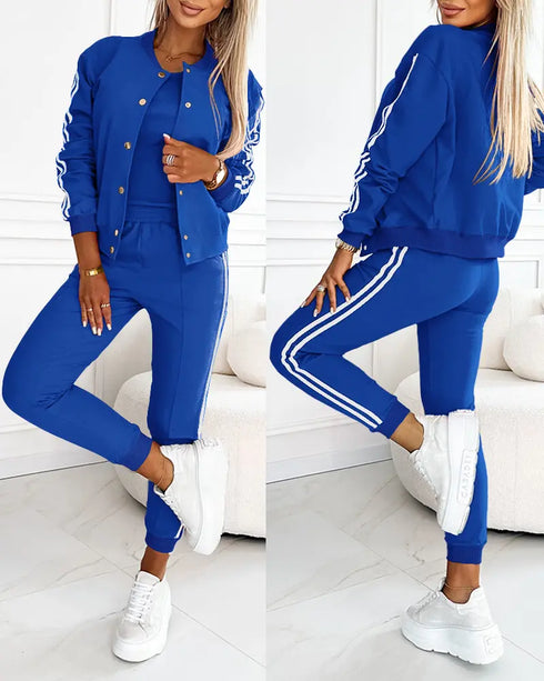 3 Pieces Outfit Snap Buttons Front Coat and Elastic Waist Seam Front Stretchy Cuffs Pants Set with Tank Top Casual Contrast Side Striped Tracksuit blue