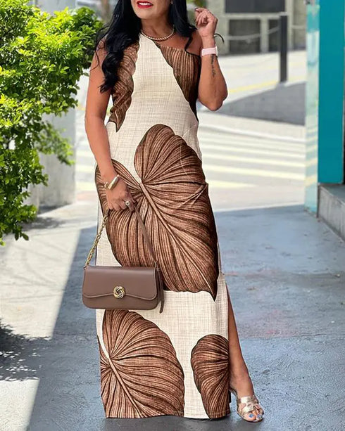 Tropical Print One Shoulder Bodycon Slit Dress Sexy Slim Fit Maxi Dress Dark Brown