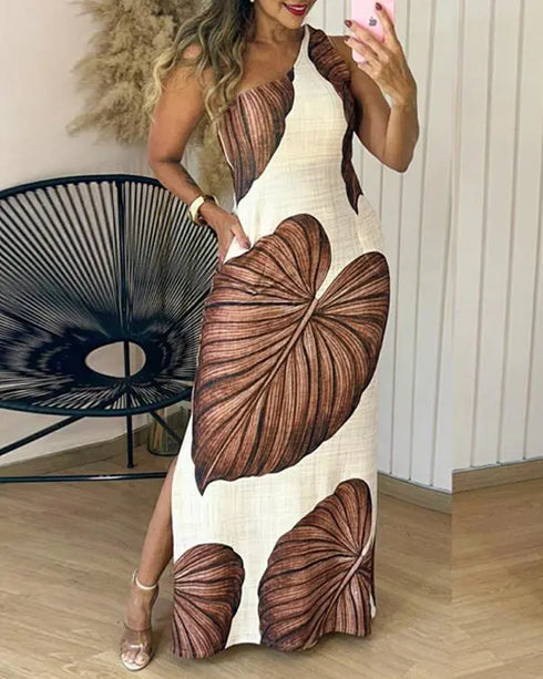 Tropical Print One Shoulder Bodycon Slit Dress Sexy Slim Fit Maxi Dress Dark Brown