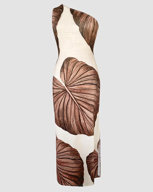 Tropical Print One Shoulder Bodycon Slit Dress Sexy Slim Fit Maxi Dress Dark Brown