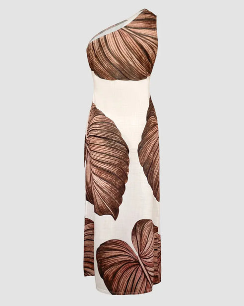 Tropical Print One Shoulder Bodycon Slit Dress Sexy Slim Fit Maxi Dress Dark Brown