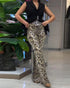 Leopard Pattern Allover Sequin Slim Fit Wide Leg High Waist Casual Pants Leopard