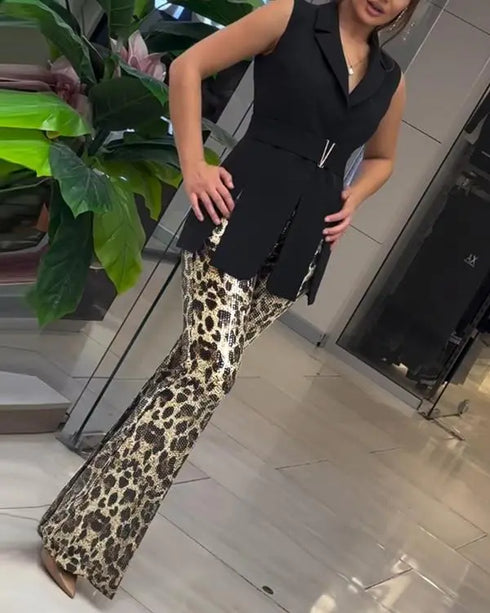 Leopard Pattern Allover Sequin Slim Fit Wide Leg High Waist Casual Pants Leopard