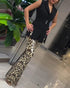 Leopard Pattern Allover Sequin Slim Fit Wide Leg High Waist Casual Pants Leopard