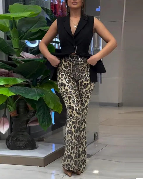 Leopard Pattern Allover Sequin Slim Fit Wide Leg High Waist Casual Pants Leopard