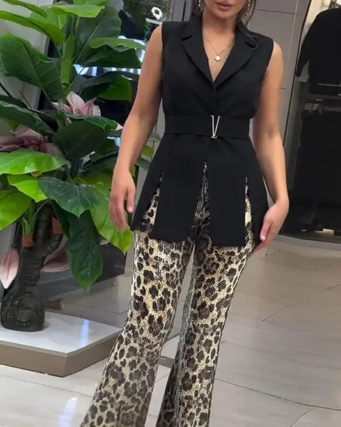 Leopard Pattern Allover Sequin Slim Fit Wide Leg High Waist Casual Pants Leopard