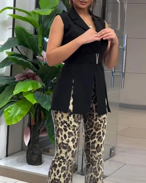 Leopard Pattern Allover Sequin Slim Fit Wide Leg High Waist Casual Pants Leopard