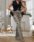 Leopard Pattern Allover Sequin Slim Fit Wide Leg High Waist Casual Pants Leopard