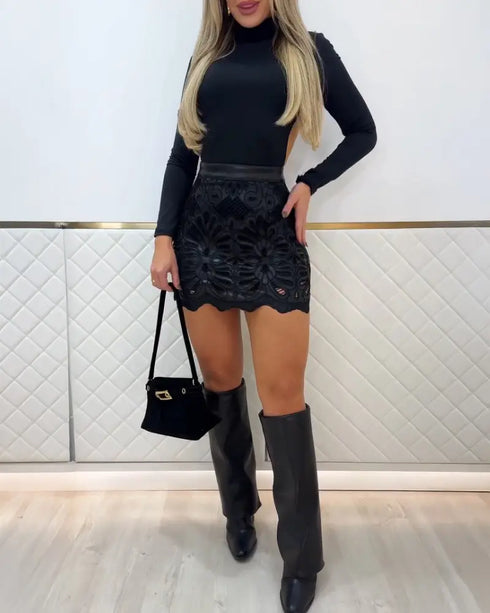 PU Leather Hollow-out Pattern Zipper Back Bodycon Skirt black