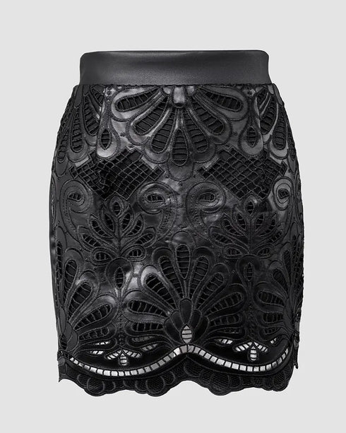 PU Leather Hollow-out Pattern Zipper Back Bodycon Skirt black
