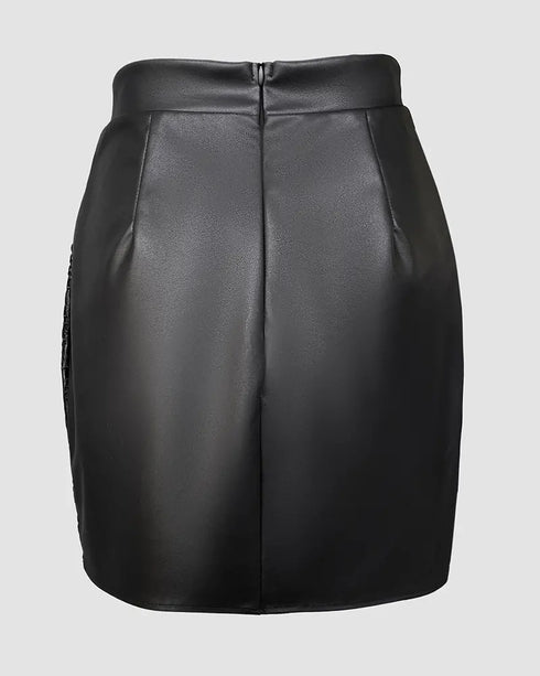 PU Leather Hollow-out Pattern Zipper Back Bodycon Skirt black
