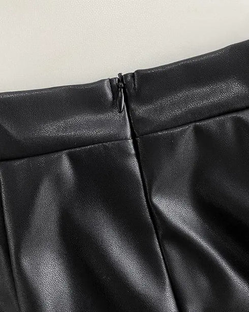 PU Leather Hollow-out Pattern Zipper Back Bodycon Skirt black