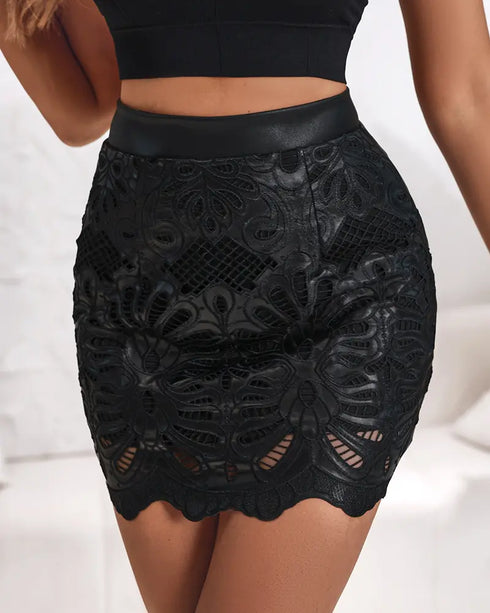 PU Leather Hollow-out Pattern Zipper Back Bodycon Skirt black