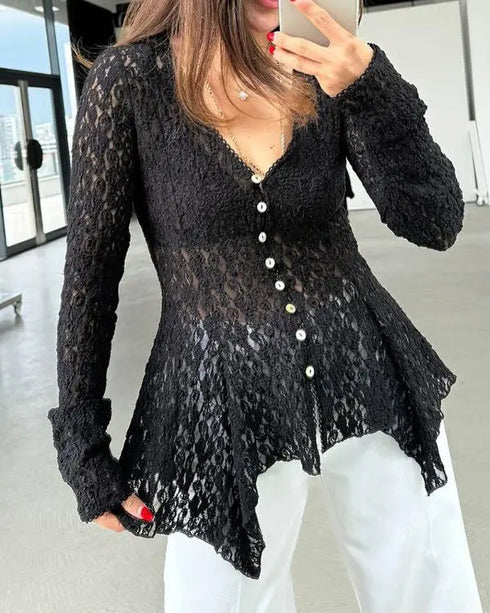 Lace Trim V Neck Button Front Blouse Elegant Asymmetrical Ruffle Hem Top black