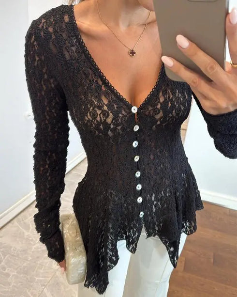 Lace Trim V Neck Button Front Blouse Elegant Asymmetrical Ruffle Hem Top black
