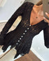 Lace Trim V Neck Button Front Blouse Elegant Asymmetrical Ruffle Hem Top black