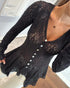 Lace Trim V Neck Button Front Blouse Elegant Asymmetrical Ruffle Hem Top black