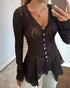Lace Trim V Neck Button Front Blouse Elegant Asymmetrical Ruffle Hem Top black
