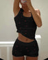 2 Pieces Outfit Floral Print U-Neck Tank Top and Elastic Waist Shorts Set Slim Fit Ribbed Set black