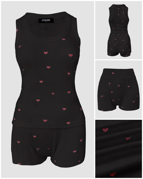 2 Pieces Outfit Heart Print U Neck Sleeveless Tank Top and Casual Strechy Waist Shorts Set Slim Fit Ribbed Pajamas Set black