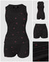 2 Pieces Outfit Heart Print U Neck Sleeveless Tank Top and Casual Strechy Waist Shorts Set Slim Fit Ribbed Pajamas Set black