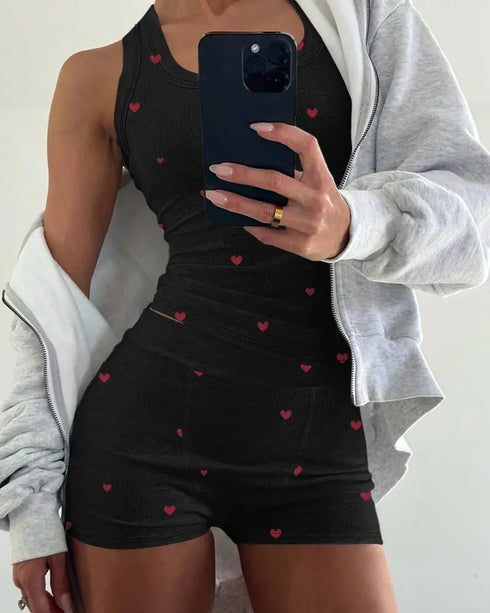 2 Pieces Outfit Ditsy Floral Print U-Neck Tank Top and Elastic Waist Shorts Set Slim Fit Ribbed Set black