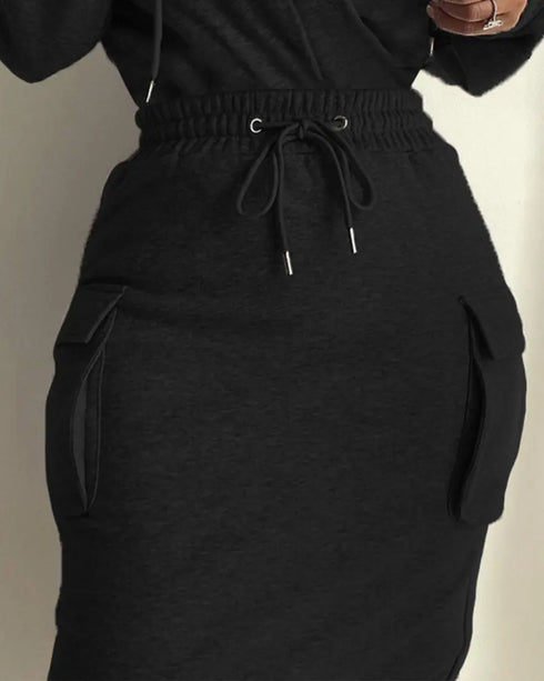 Overlap V-Neck Drop Shoulder Cinched Waist Drawstring Hoodie Dress Casual Flap Cargo Pockets Design Drawstring Elastic Waist Midi Dress black