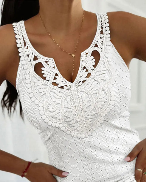 Contrast Lace V Neck Sleeveless Knit Top Casual Slim Fit Tank white