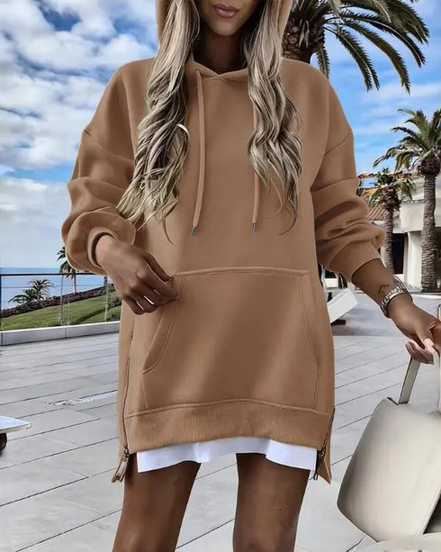 Letter Patch Detail Long Sleeve Drop Shoulder Pullover Sweatshirt Casual Zipper Side Slit Top brown