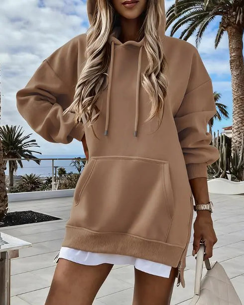 Letter Patch Detail Long Sleeve Drop Shoulder Pullover Sweatshirt Casual Zipper Side Slit Top brown