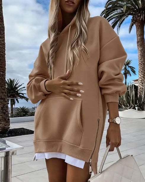 Letter Patch Detail Long Sleeve Drop Shoulder Pullover Sweatshirt Casual Zipper Side Slit Top brown