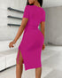 O-neck Short Sleeve Solid Color Cut-Out Ruched Drawstring Bodycon Dress with Side Slit rose red