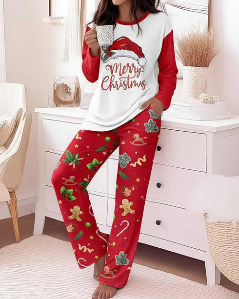 2 Pieces Outfit HAPPY HALLOWEEN Slogan & Graphic Print Long Sleeve Top and Graphic Print Elastic Waist Pants Set Casual Pajamas Set red