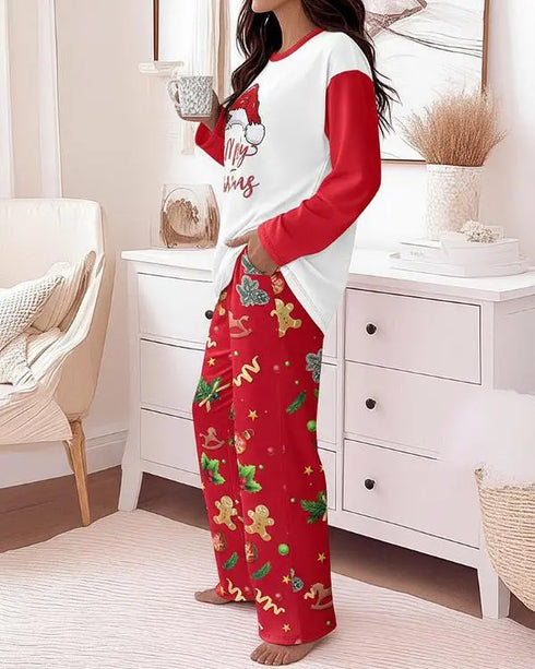2 Pieces Outfit Letter Placement Print Long Sleeve Drop Shoulder Top and Ombre Loose Fit Pants Set Casual Pajamas Set red