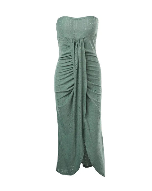 Sleeveless Ruched Cinched Waist Draped Bandeau Dress Eyelet Embroidery Slit Asymmetrical Hem Vacation Dress green