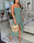 Sleeveless Ruched Cinched Waist Draped Bandeau Dress Eyelet Embroidery Slit Asymmetrical Hem Vacation Dress green