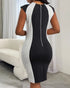 Pearls Decor Thick Strap Backless Slit Back Tank Dress Zipper Back Bodycon Dress With Belt blackwhite